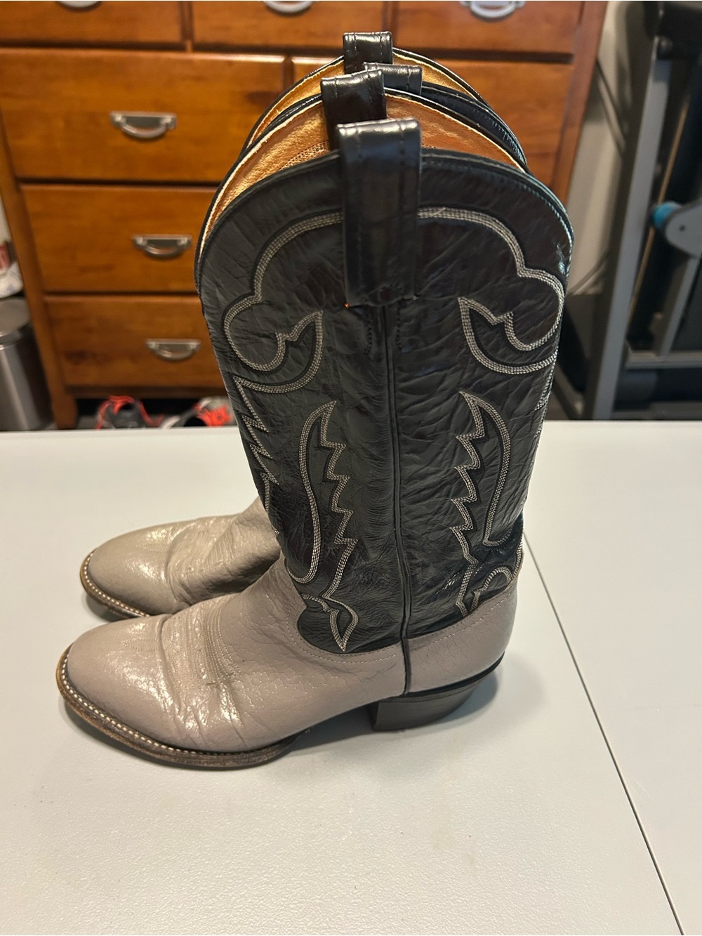 Tony lama Western Cowboy Boots — Black Shaft & Taupe Foot